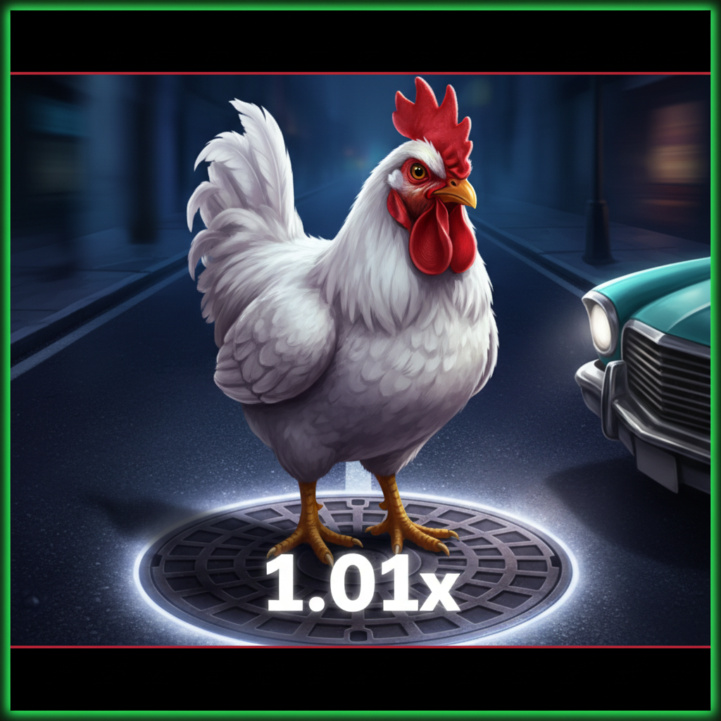 Il pollo di Chicken Road 2 posizionato sulla prima corsia, con il tombino che mostra il moltiplicatore 1.01x evidenziato in bianco sulla superficie asfaltata scura
