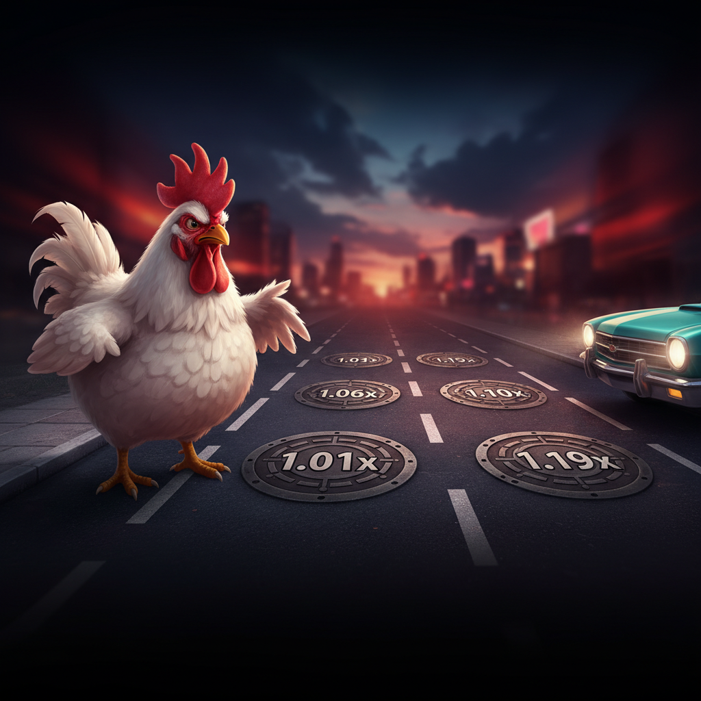 Schermata principale di Chicken Road 2: il pollo bianco con cresta rossa si trova sulla corsia di partenza, pronto ad attraversare la strada asfaltata con i tombini dei moltiplicatori visibili davanti a lui