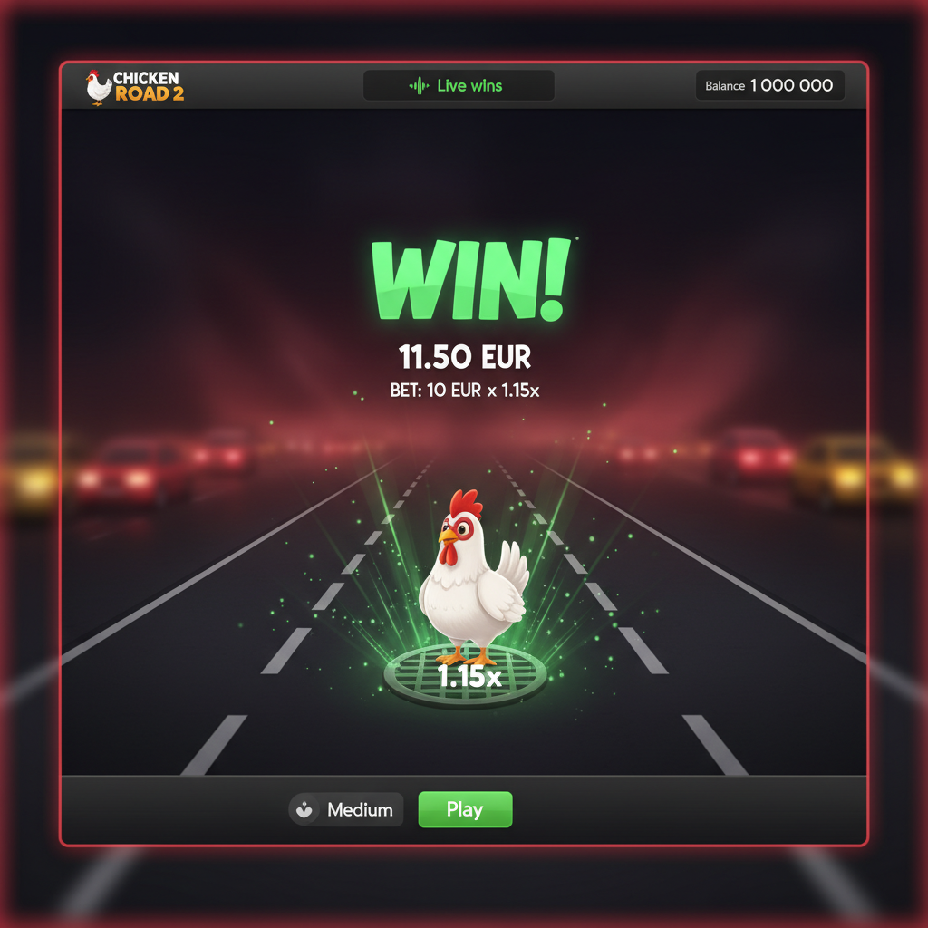 Schermata di fine round di Chicken Road 2 che mostra la vincita ottenuta: puntata iniziale di 10 EUR moltiplicata per 1.15x con incasso corretto alla corsia 5, risultato finale di 11.50 EUR visualizzato in verde brillante