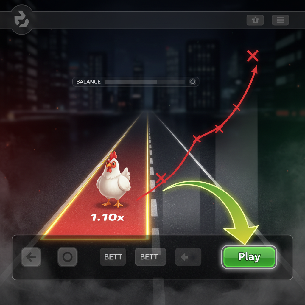 Illustrazione della strategia di ritiro anticipato in Chicken Road 2: il pollo si trova sulla corsia 4 con moltiplicatore 1.10x evidenziato, con una freccia verso il pulsante di incasso e un grafico che mostra il rischio crescente nelle corsie successive